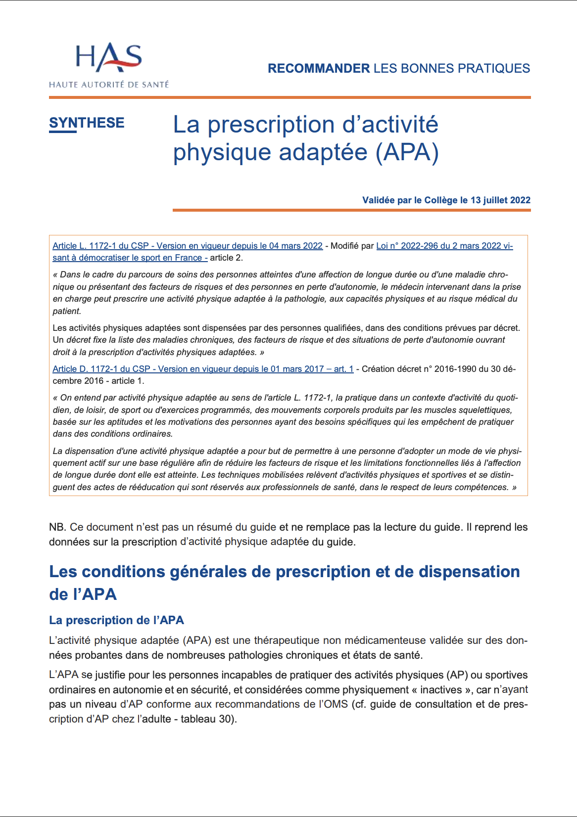 Illustration Recommandation prescription HAS Activité physique adapté